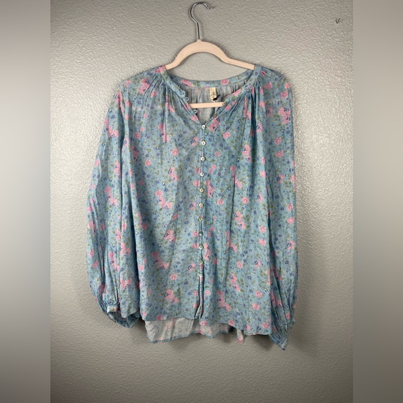 Spell Free People Dolly Long Sleeve Button Up Blouse Blue Floral Womens M Flowy - Picture 4 of 11